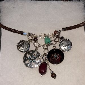 Bohemian Silver and Brown Charm Necklace with Leather Cord